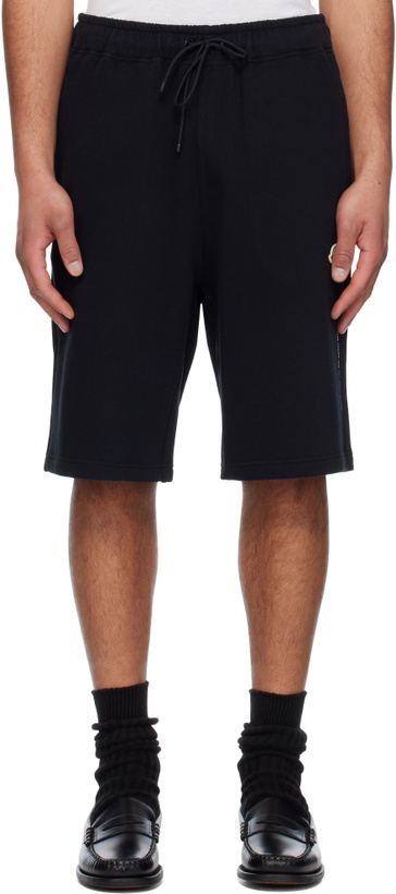 Photo: Moncler Genius Moncler x FRGMT Hiroshi Fujiwara Black Embroidered Logo Cotton Shorts