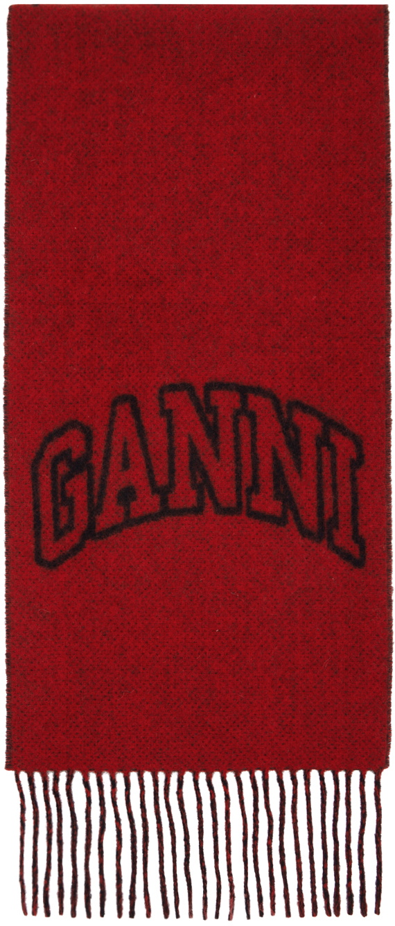 【送料&関税込】Ganni Scarf With Logo GANNI Red Fringed Wool Scarf GANNI
