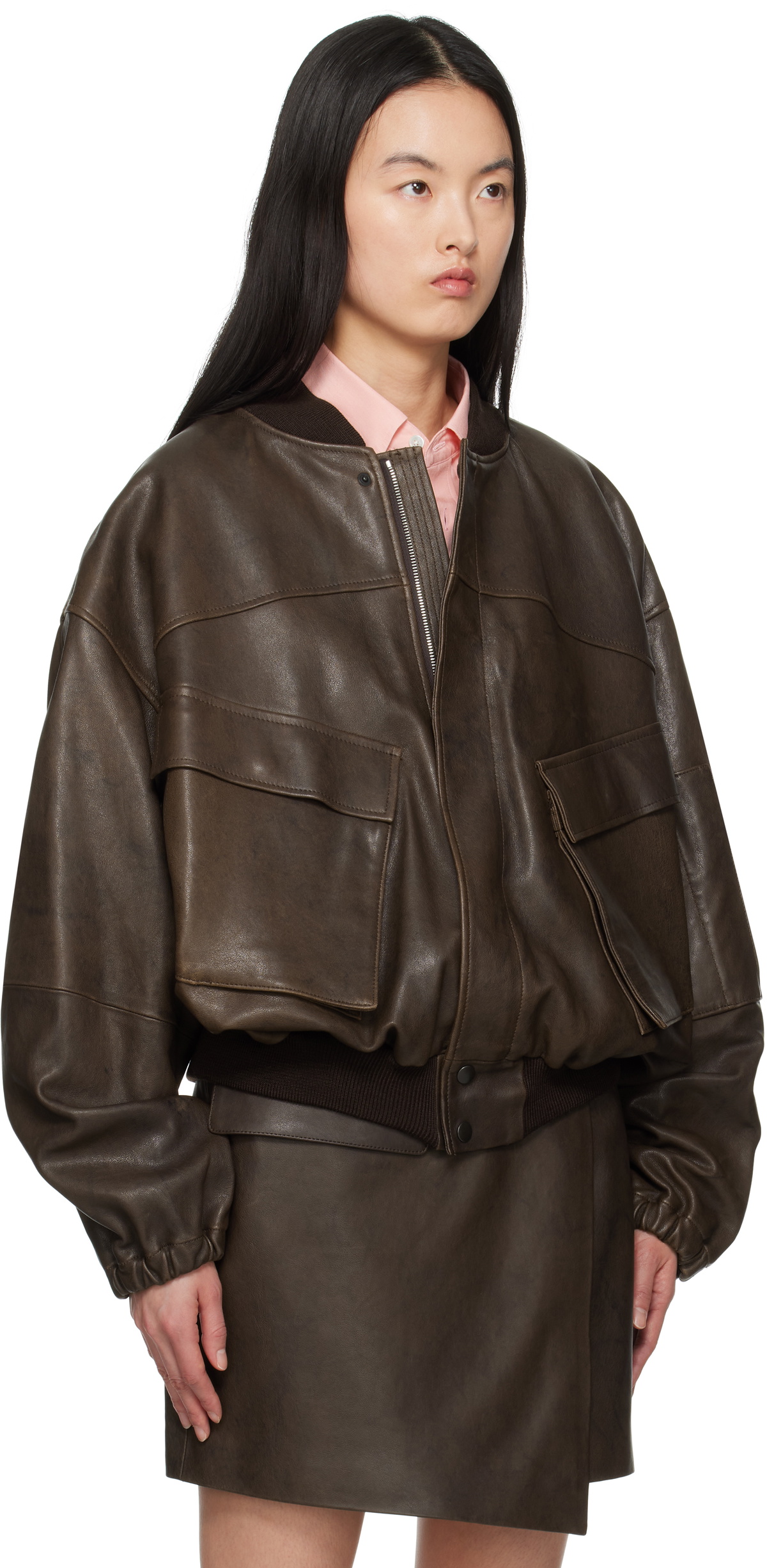 AURALEE Brown Flight Lamb Leather Jacket Auralee