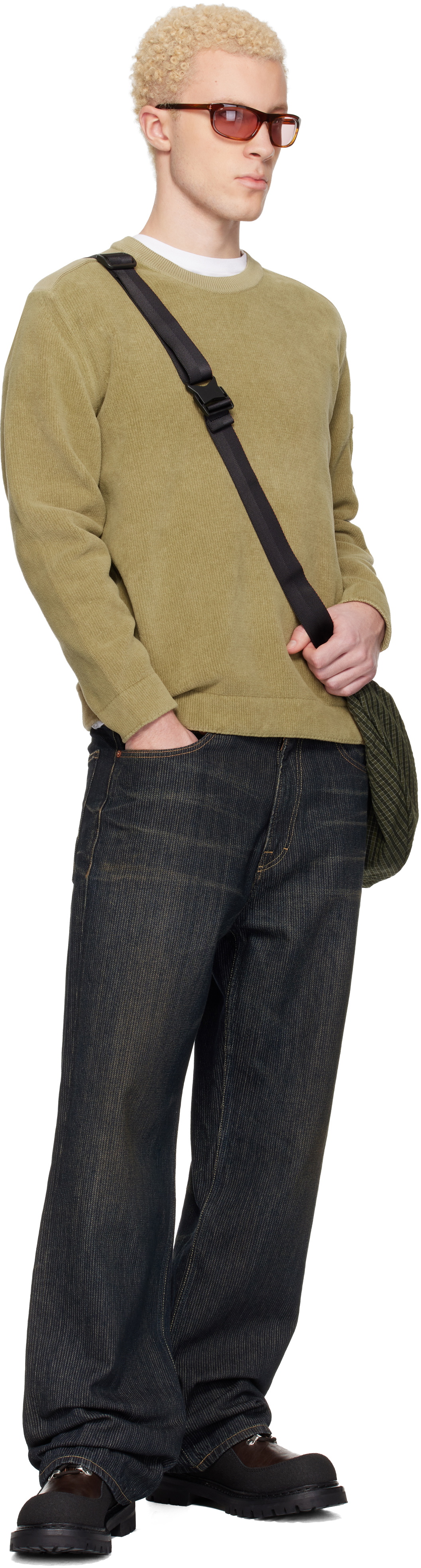 C.P. Company Beige Cotton Chenille Crewneck Lens Sweater