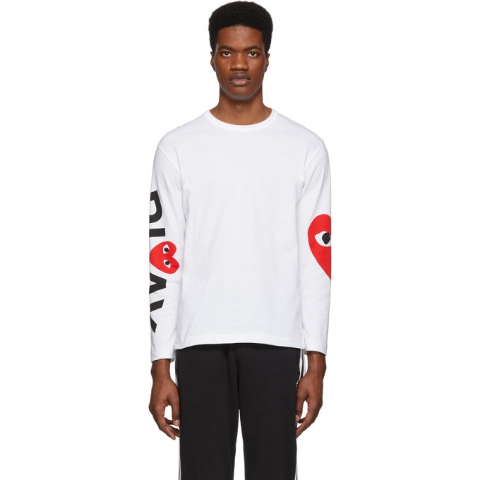 Photo: Comme des Garcons Play White and Red Logo Single Heart Long Sleeve T-Shirt