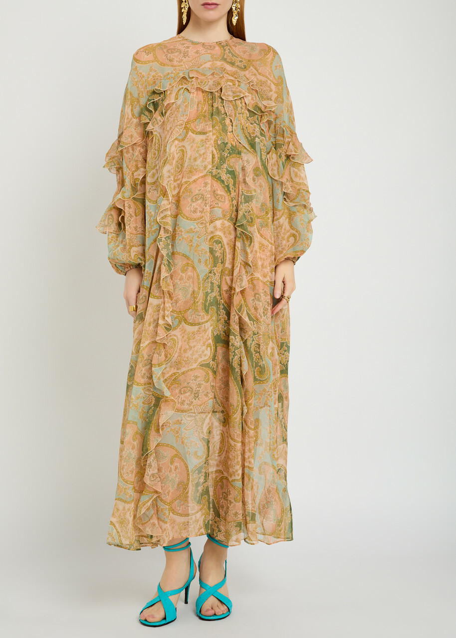 Zimmermann Luna Flutter Paisley Ruffled Silk Midi Dress Sage