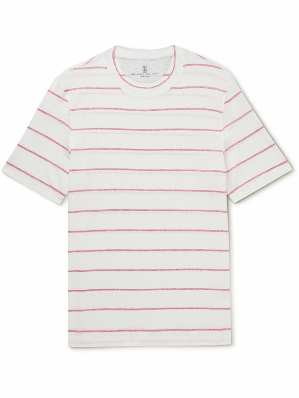 Photo: Brunello Cucinelli - Striped Linen and Cotton-Blend T-Shirt - Pink