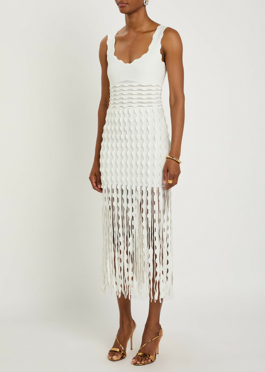 Simkhai Brionne Scalloped Knit Midi Dress Ivory