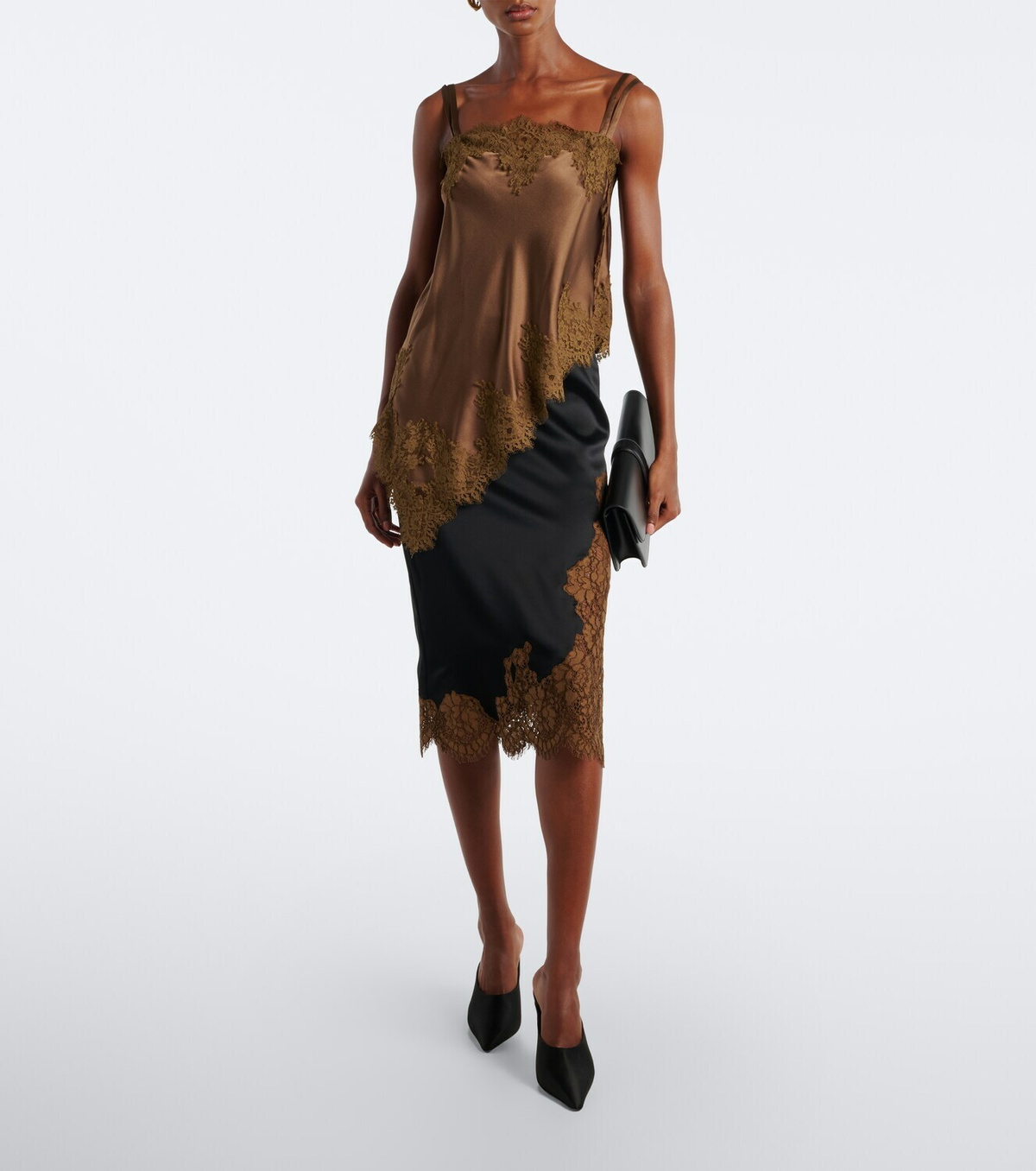 Dorothee Schumacher Shiny Statement lace-trimmed satin midi skirt