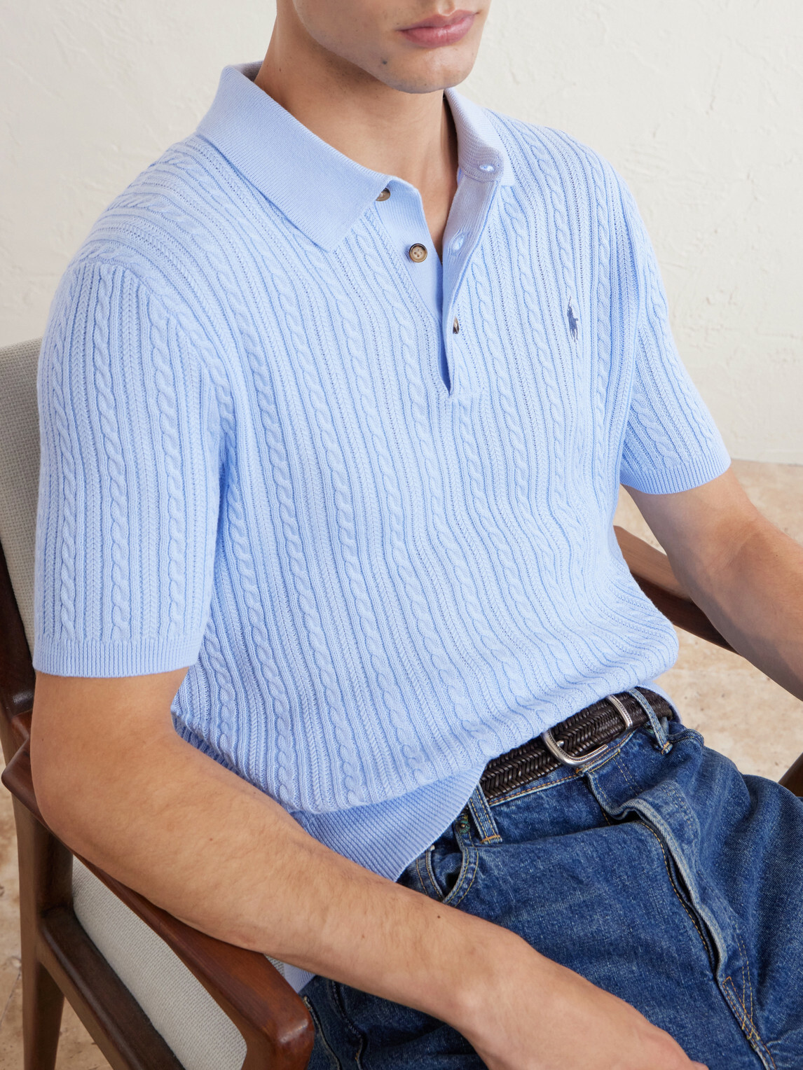 Polo Ralph Lauren - Logo-Embroidered Cable-Knit Cotton Polo Shirt - Blue
