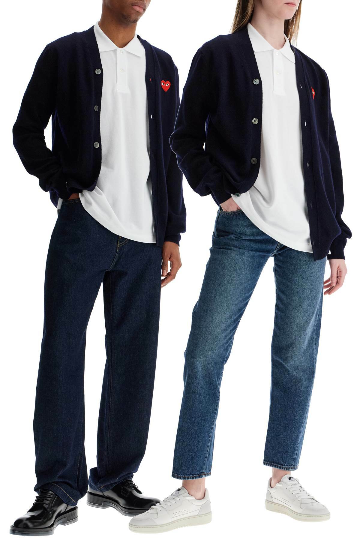 COMME DES GARCONS PLAY navy blue wool cardigan with embroidered red heart unisex Blue