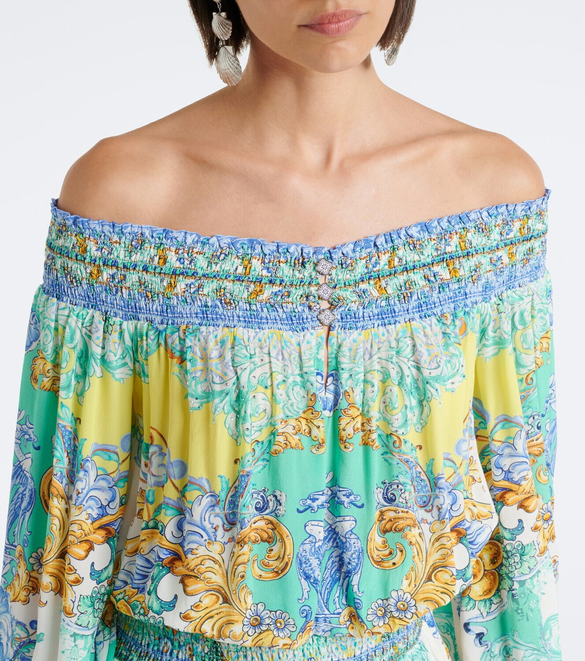 Camilla Printed embellished off-shoulder silk minidress
