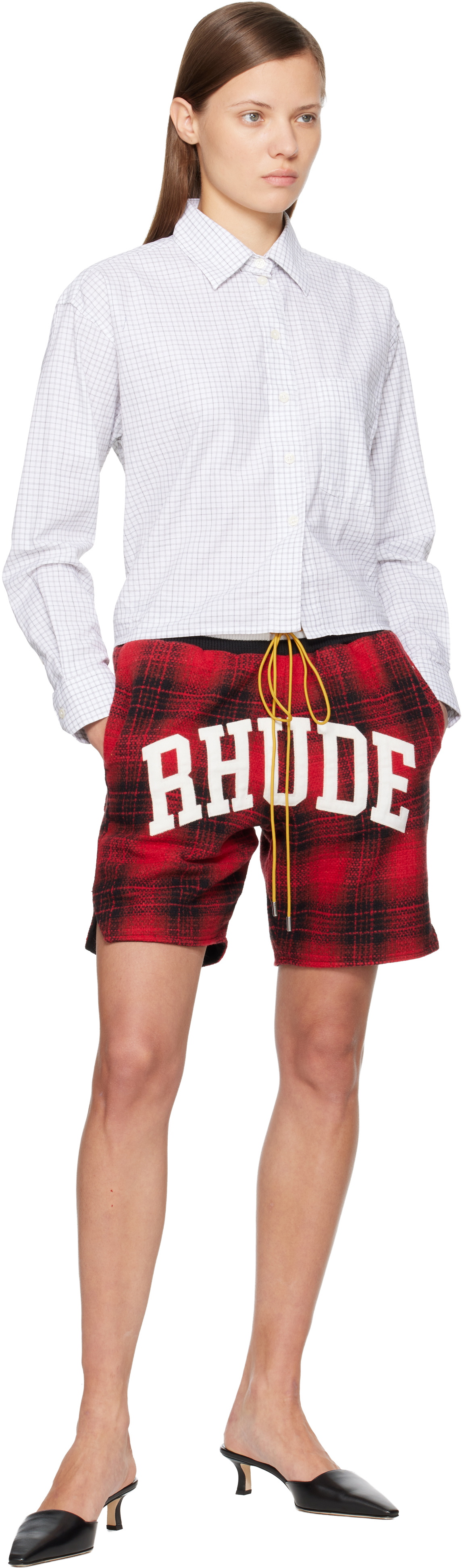 Rhude Red & Black Flannel 'Rhude' Collegiate Court Logo Shorts