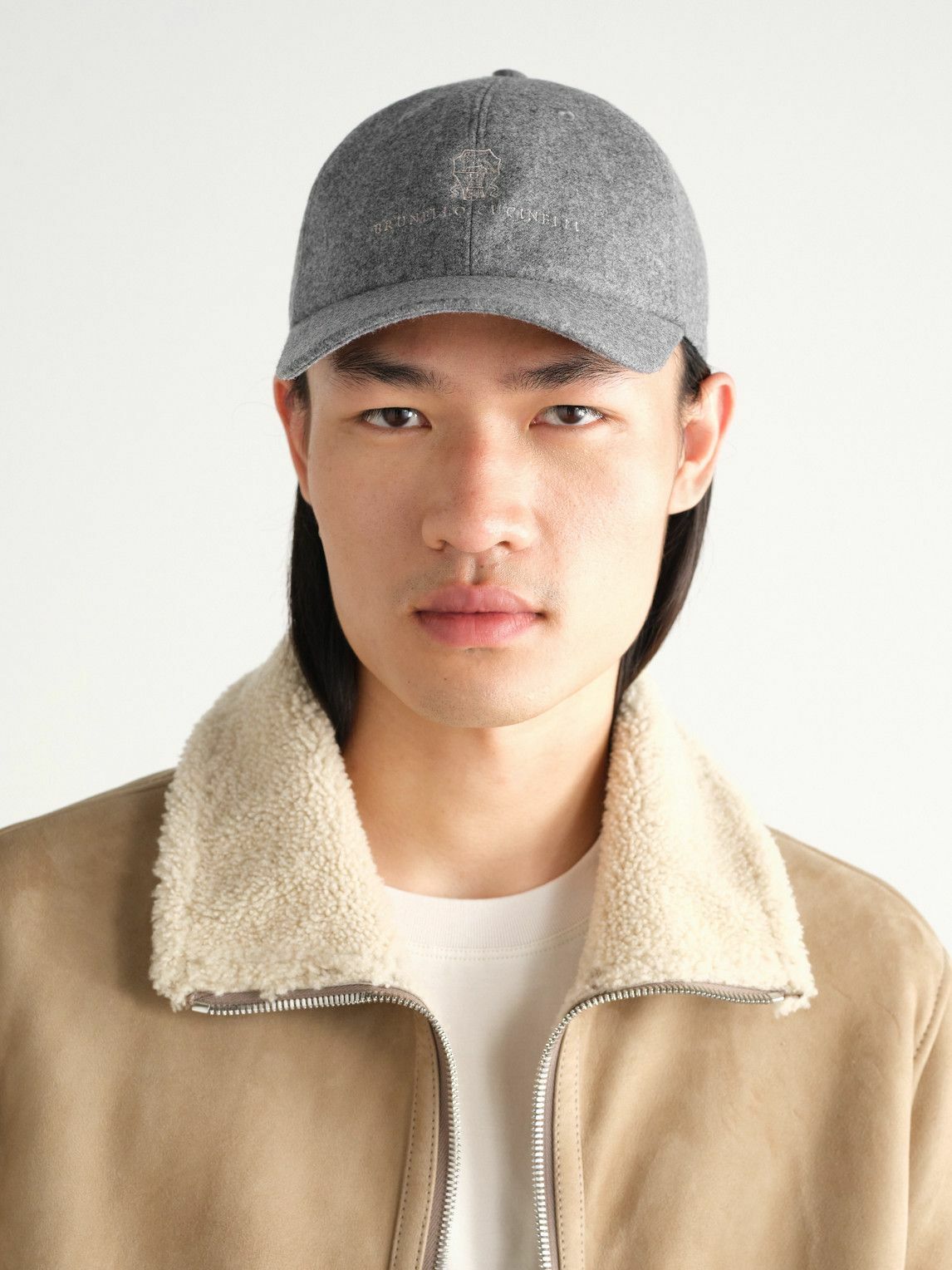 Brunello Cucinelli - Logo-Embroidered Leather-Trimmed Wool-Flannel Baseball Cap - Gray