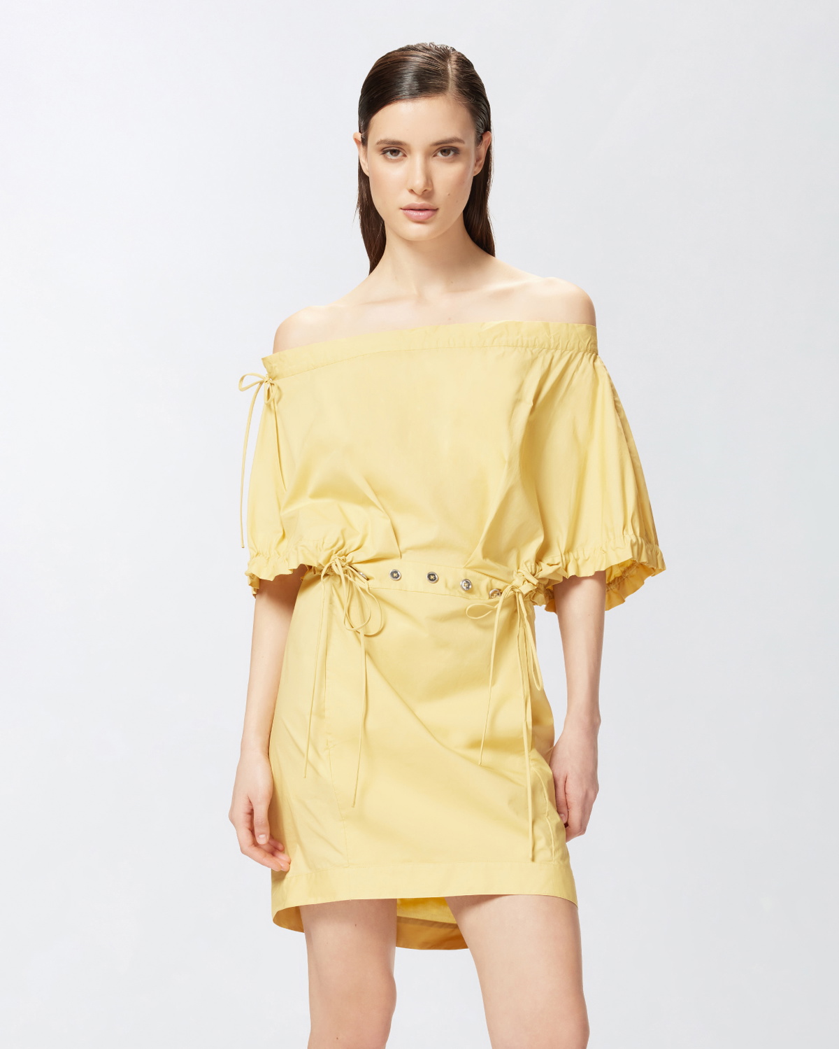 Pinko Poplin Mini Dress With Gathering And Eyelets Rattan Yellow