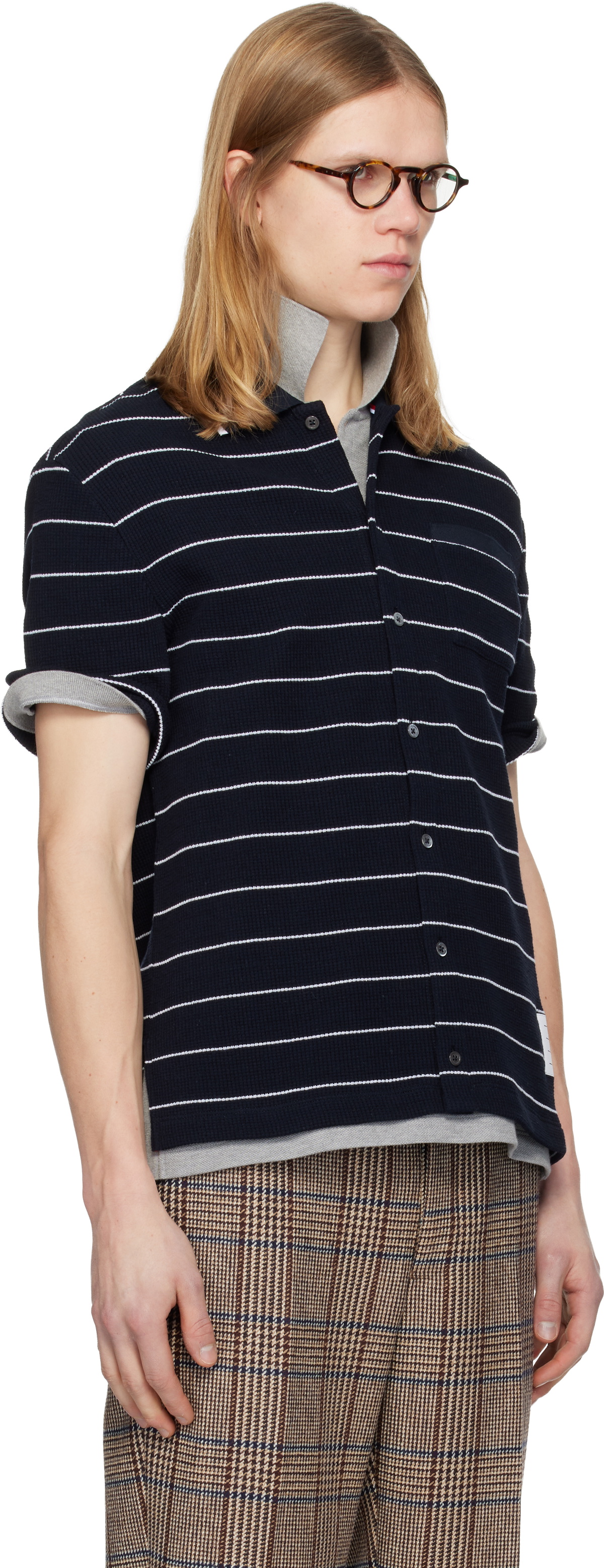 Thom Browne Navy Textured Stripe Short Sleeve Shirt