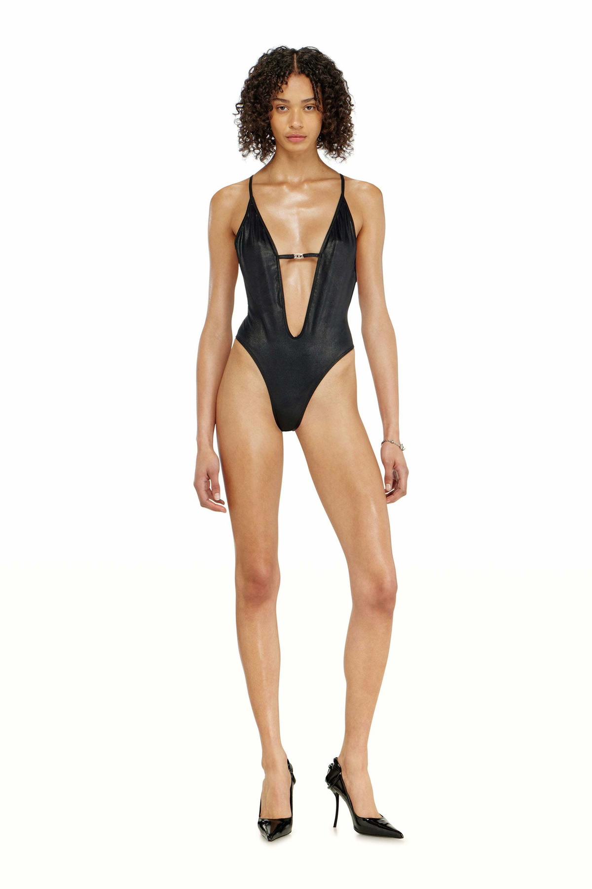 Diesel Plunge-neck swimsuit in shimmery fabric - Swimsuits Womens in Black