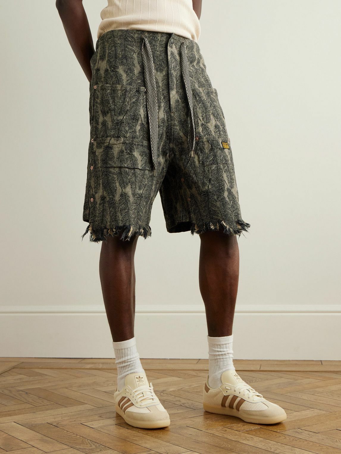 KAPITAL - Magpie Straight-Leg Distressed Cotton-Jacquard Drawstring Shorts - Green