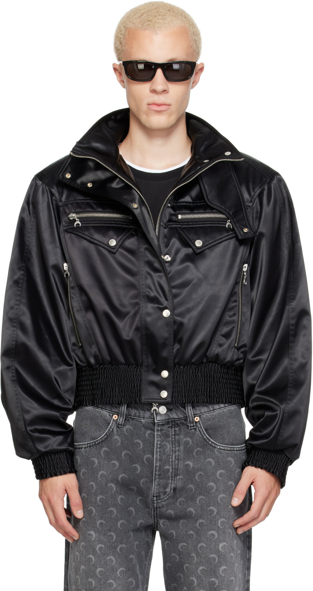 Marine Serre Black Satin Nylon Bomber Jacket