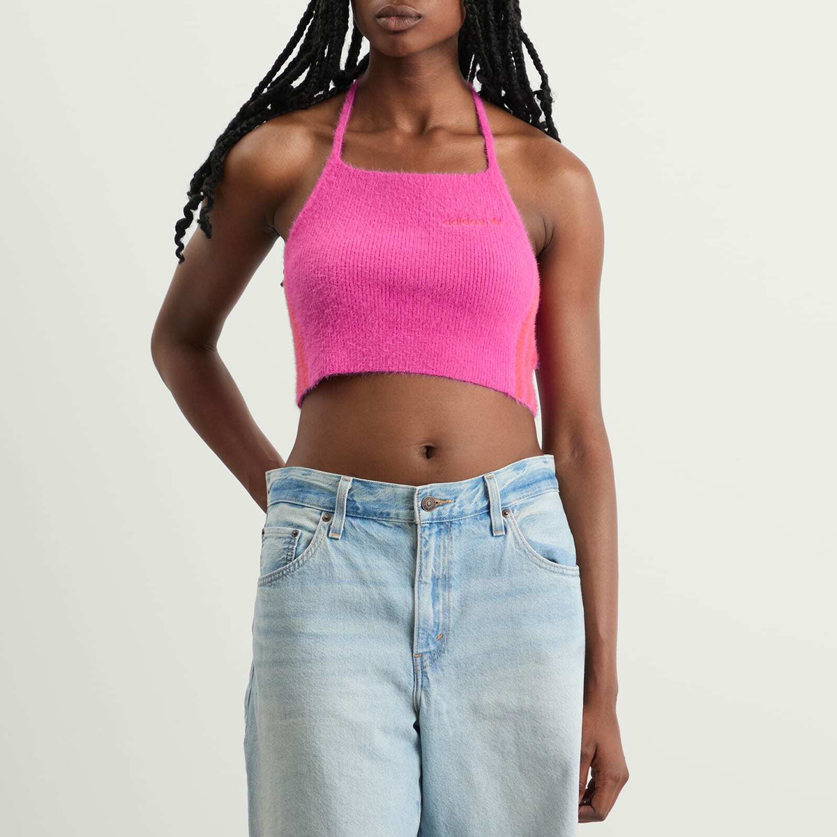 Adidas Women's Fluffy Knitted Halter Top in Semi Lucid Fuchsia