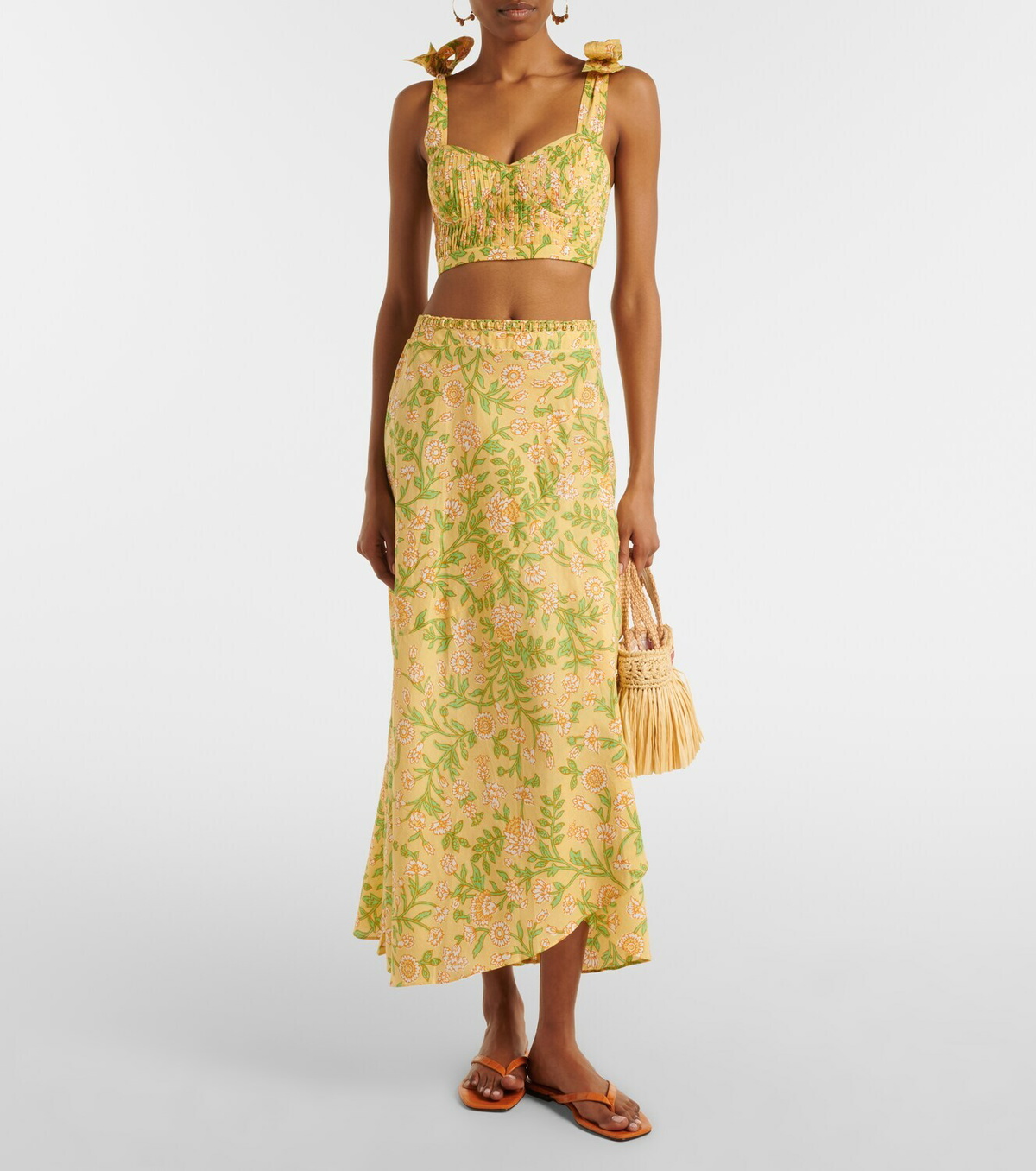 Poupette St Barth Carla pleated floral cotton crop top