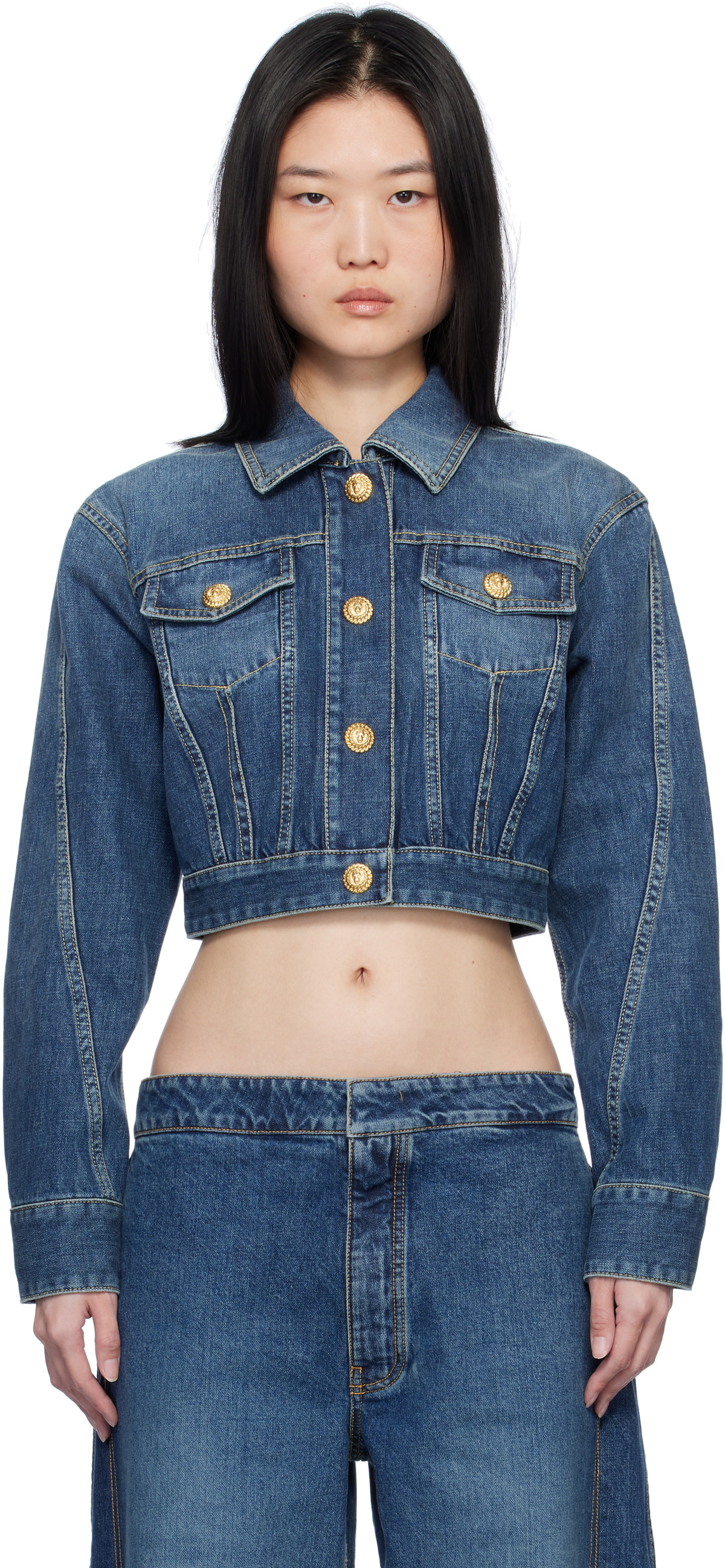 Balmain Blue Cropped Faded Denim Jacket