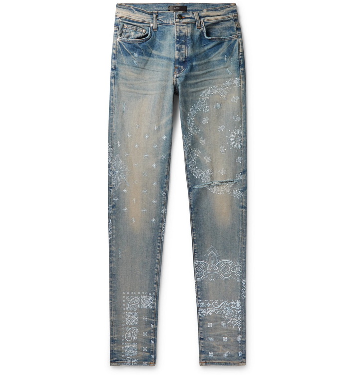 Photo: AMIRI - Skinny-Fit Distressed Bandana-Print Stretch-Denim Jeans - Blue