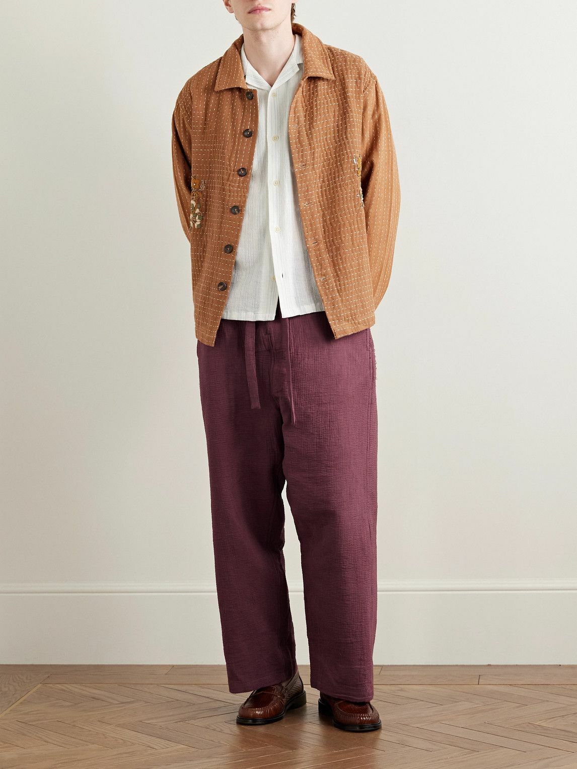 Kartik Research - Judo Belted Upcycled Textured-Cotton Trousers - Burgundy