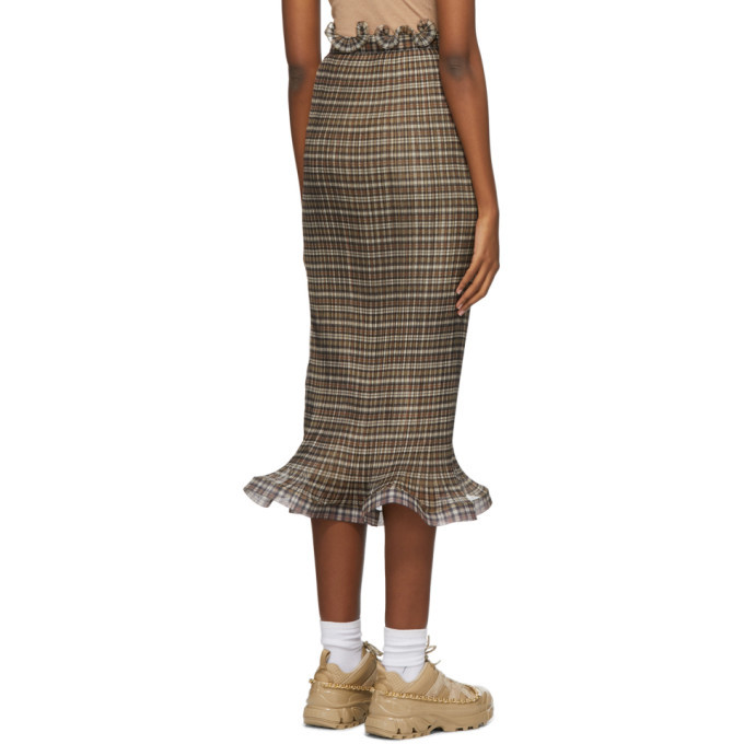 Burberry Brown Plisse Check Ruffle Detail Skirt