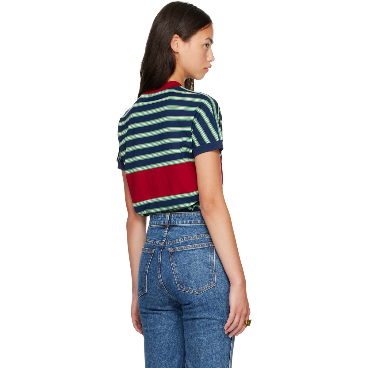 Versace Blue & Red Embroidered-Logo Striped-Intarsia Cotton T-shirt