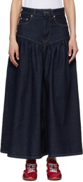 GANNI Navy Stretch Denim Midi Skirt
