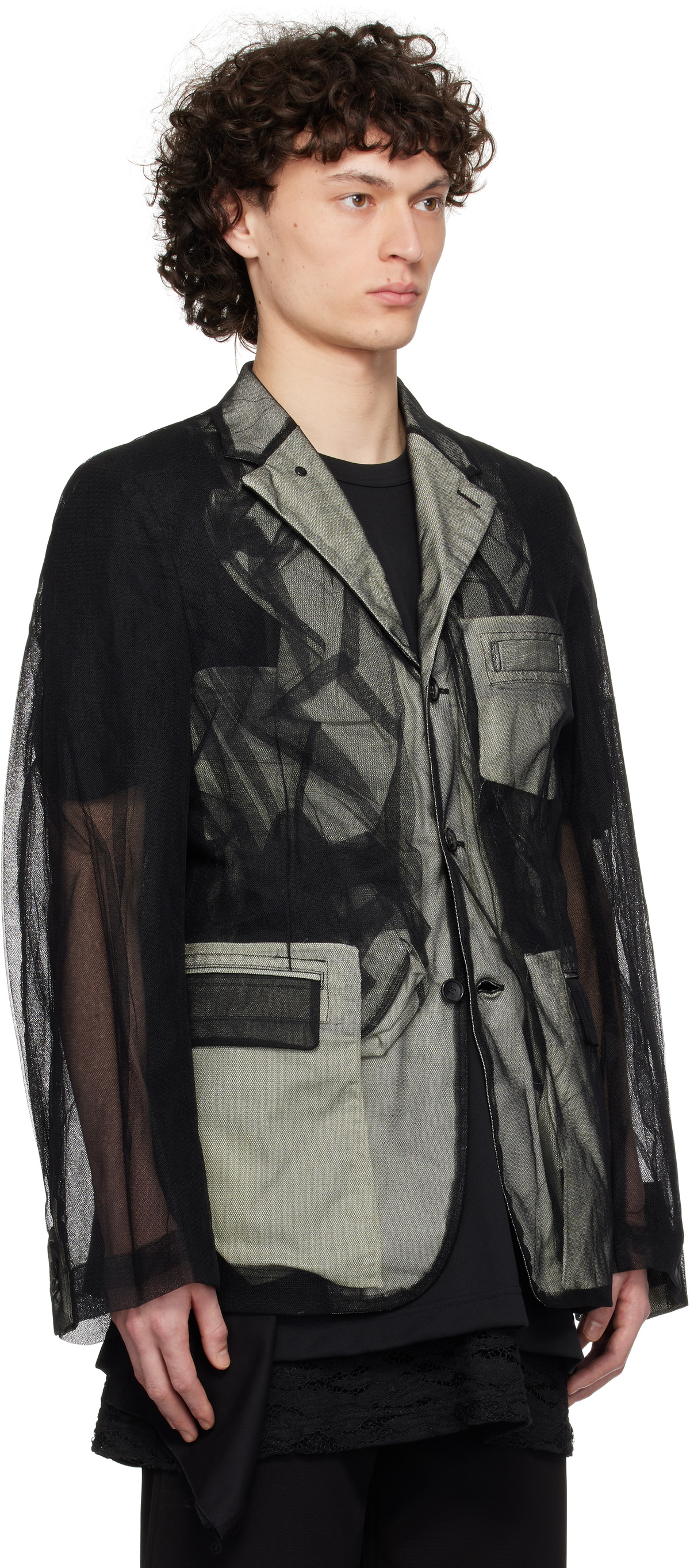 Comme des Garçons Homme Plus Black Nylon Tulle & Cotton Cloth Blazer