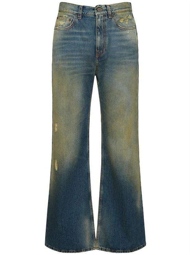 Photo: PALM ANGELS Acid Washed Cotton Denim Bootcut Jeans