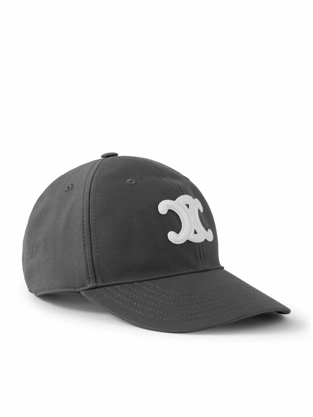 Photo: CELINE - Triomphe Logo-Appliquéd Cotton-Gabardine Baseball Cap - Gray