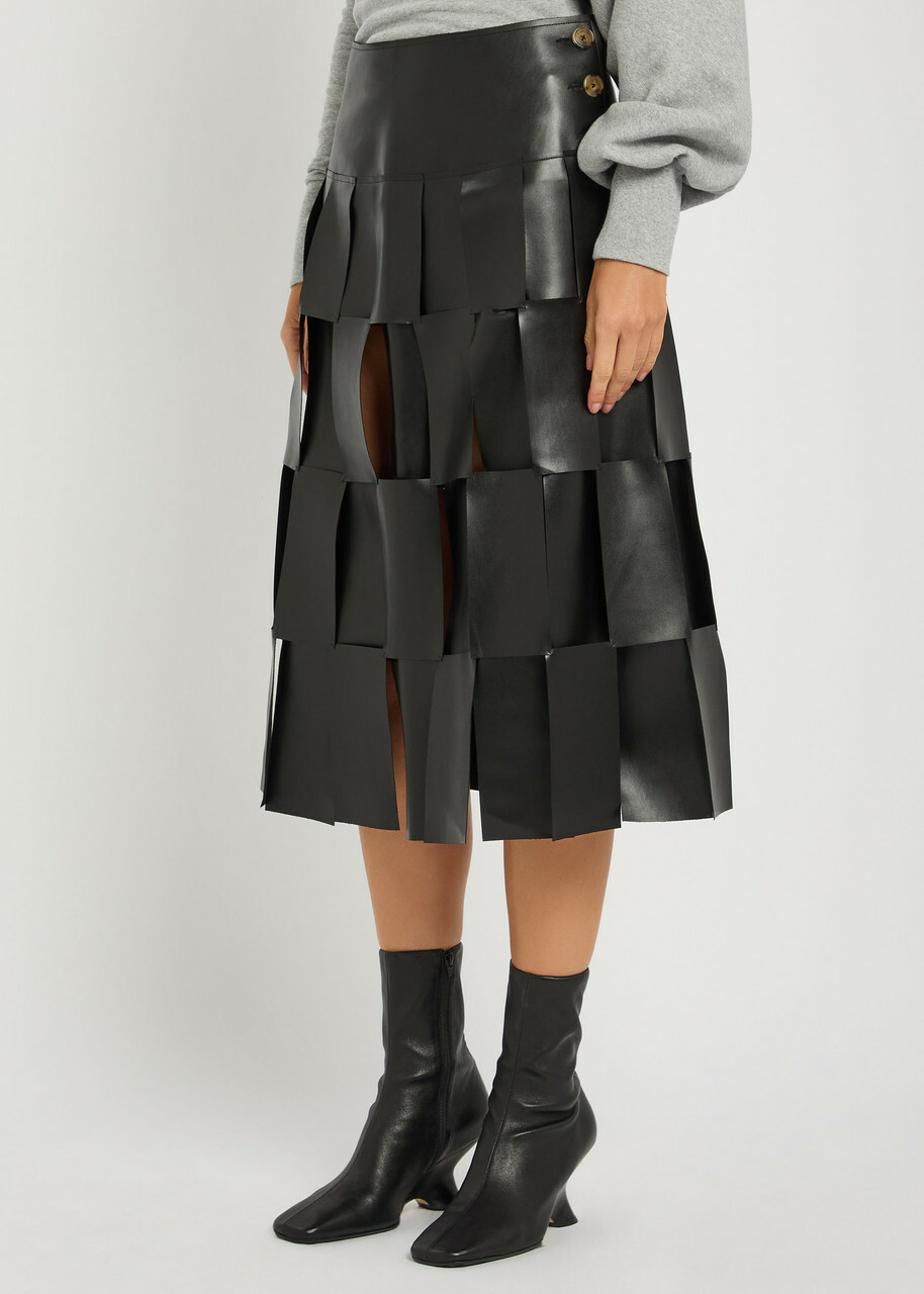A.W.A.K.E Mode Laser-cut Faux Leather Midi Skirt Black