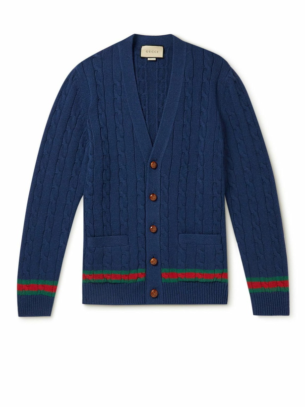 Photo: GUCCI - Cable-Knit Cashmere and Wool-Blend Cardigan - Blue