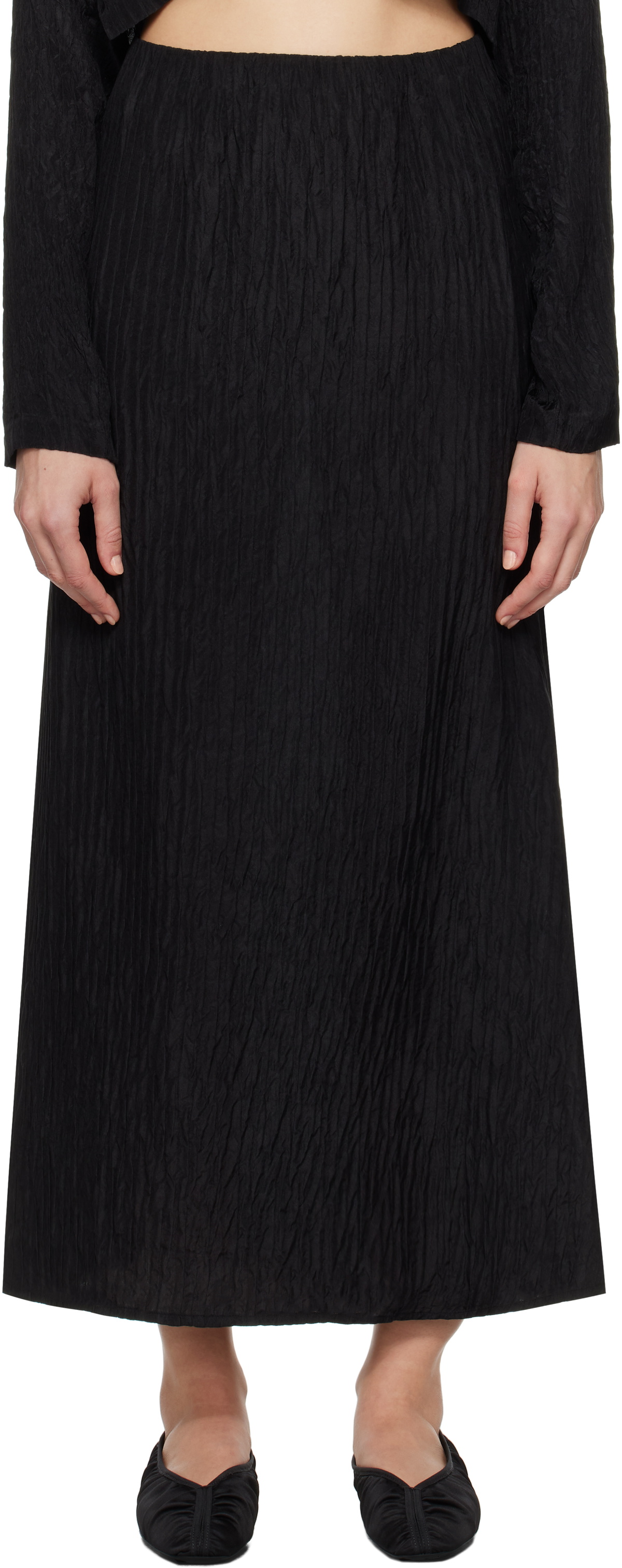 Silk Laundry Black Crinkle Long Bias-Cut Skirt Silk Laundry