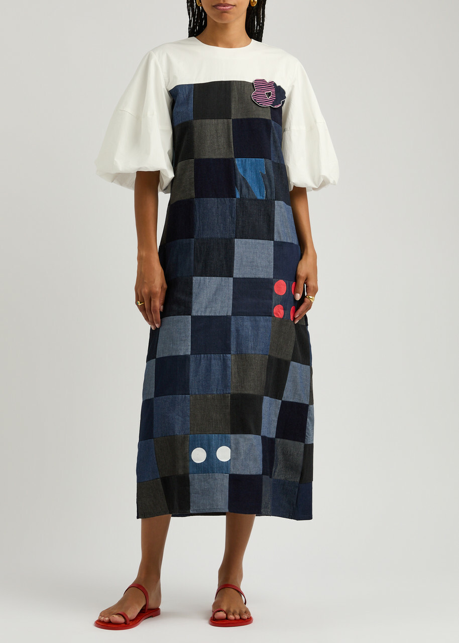 Lovebirds Checked Cotton Midi Dress Blue