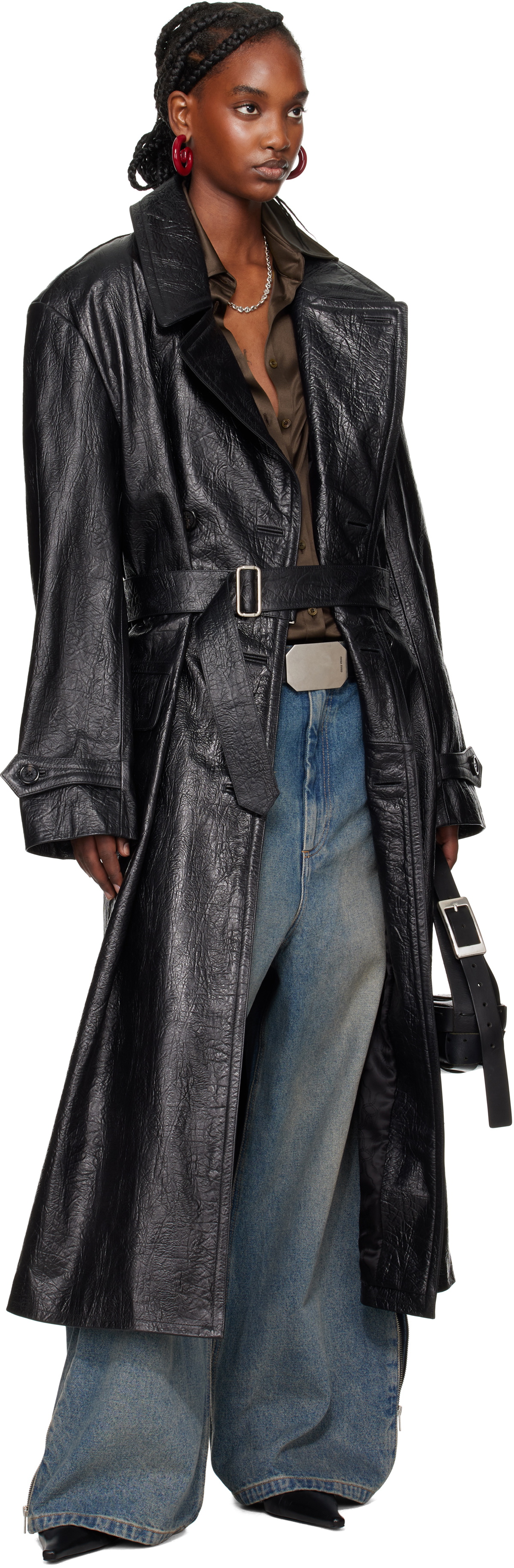 LU'U DAN コート LU'U DAN Black Cargo Faux-Leather Trench Coat LU'U DAN