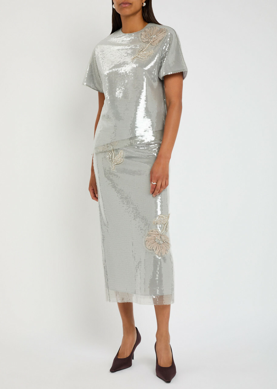 Huishan Zhang Oakley Floral-appliquéd Sequin Midi Skirt Silver