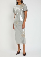 Huishan Zhang Oakley Floral-appliquéd Sequin Midi Skirt Silver