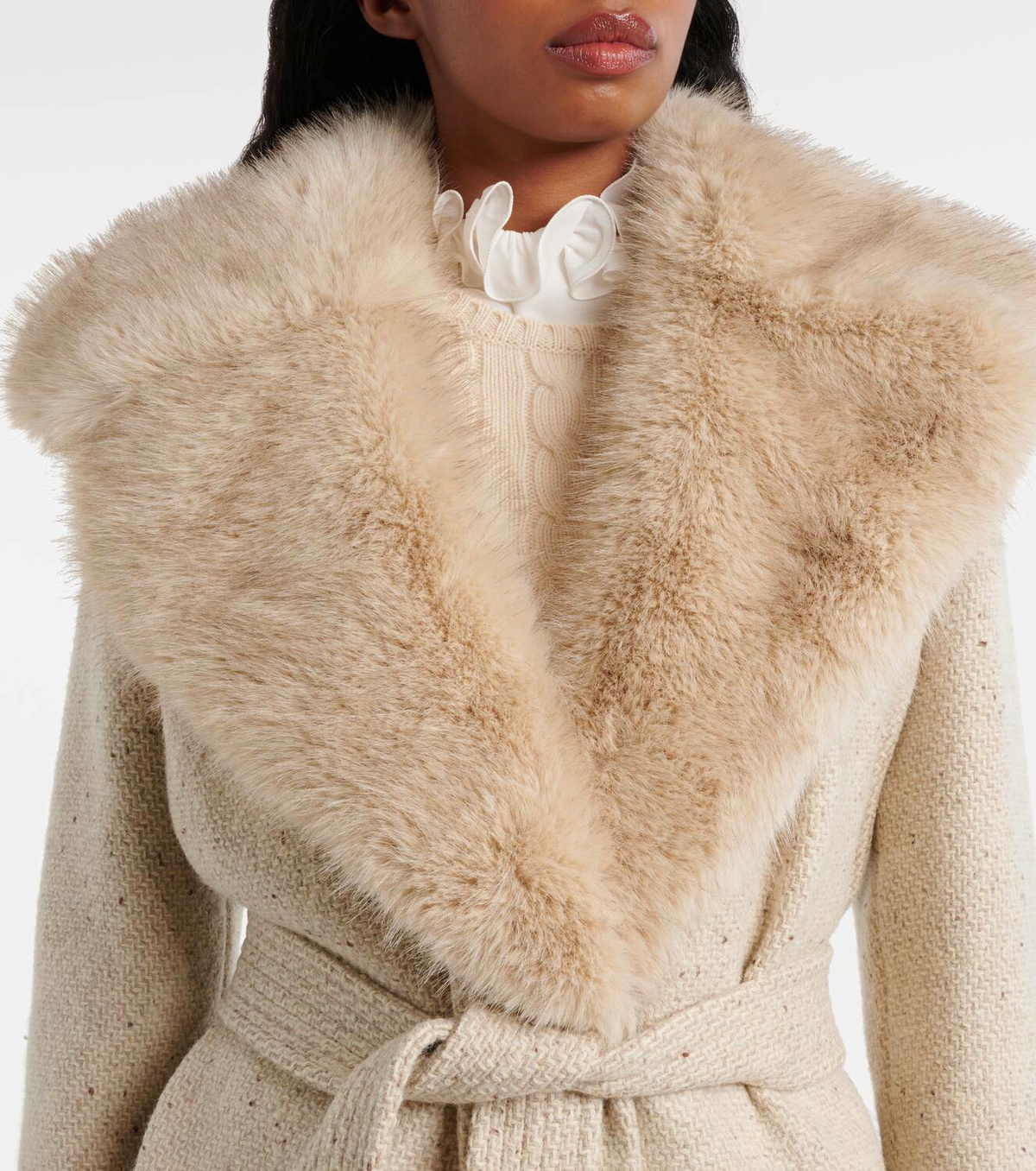 Valentino Faux fur-trimmed virgin wool wrap coat Valentino