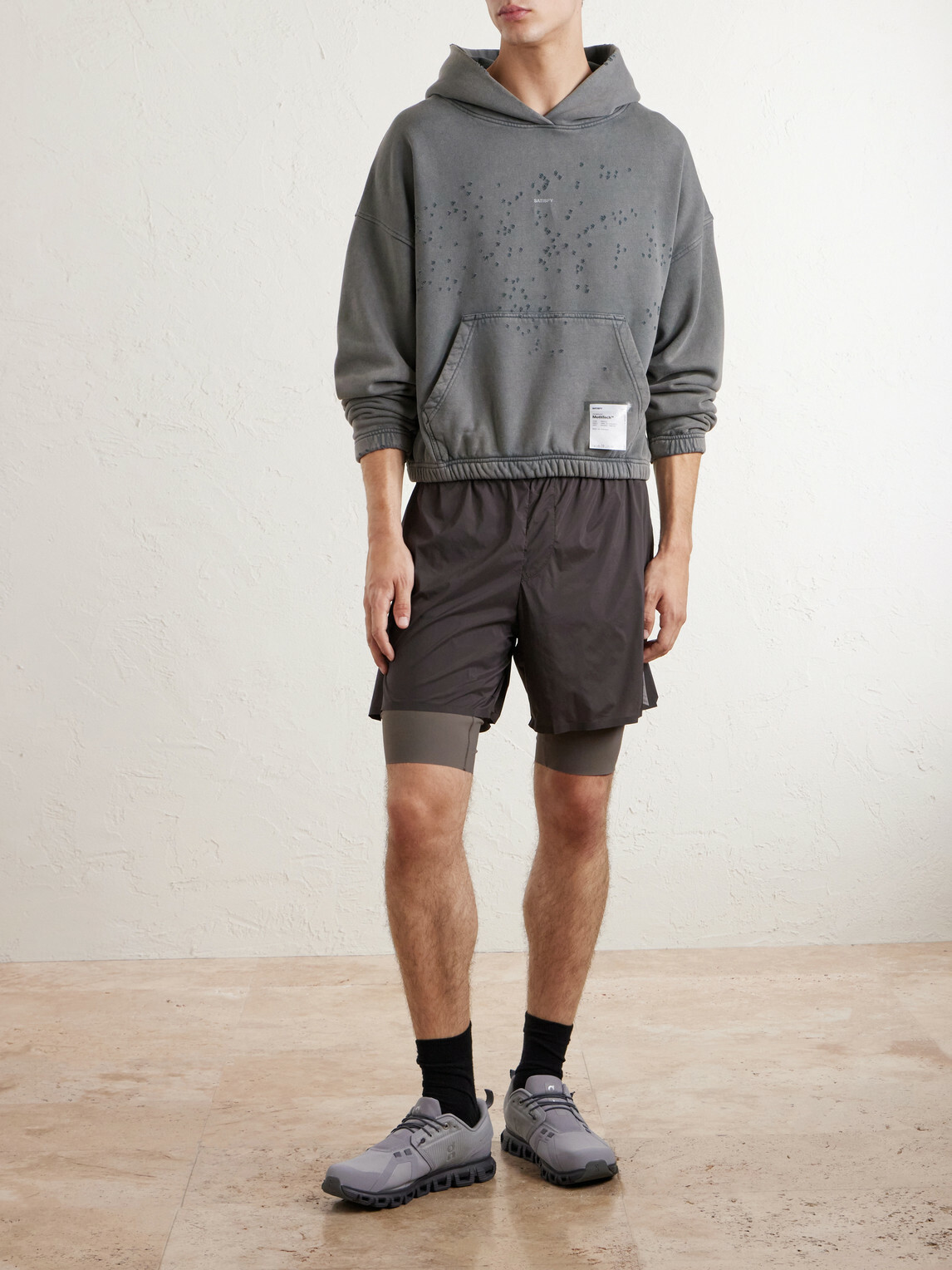 Satisfy - Logo-Print Distressed Cotton-Jersey Hoodie - Gray