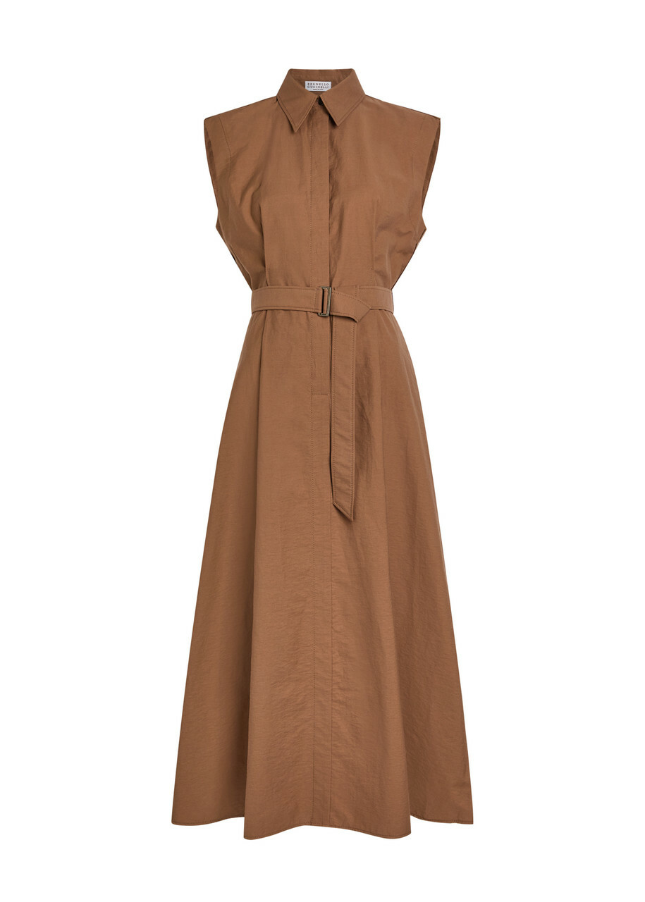 Brunello Cucinelli Belted Cotton-blend Midi Shirt Dress Brown