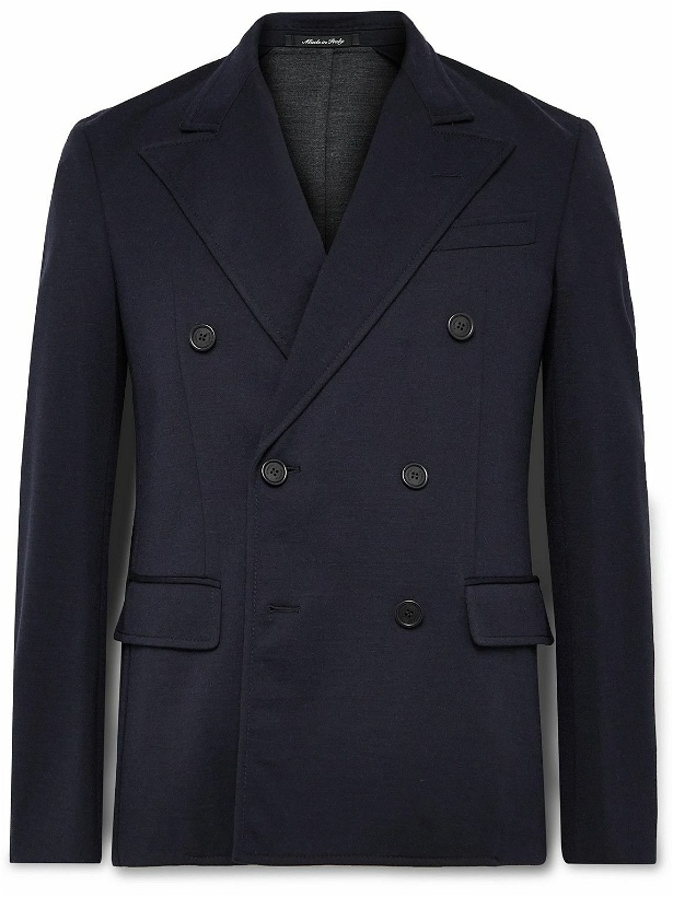 Photo: Dunhill - Unstructured Double-Breasted Wool-Blend Jersey Suit Jacket - Blue