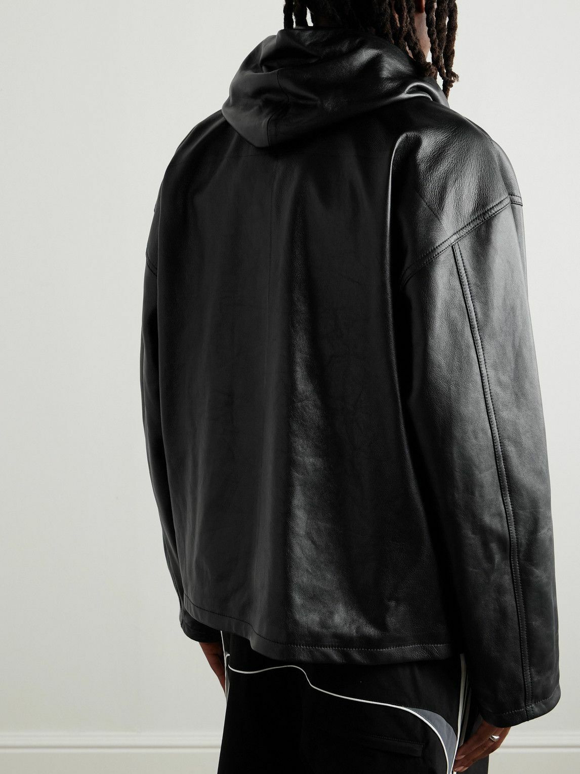 Balenciaga - Oversized Logo-Debossed Leather Hooded Jacket - Black