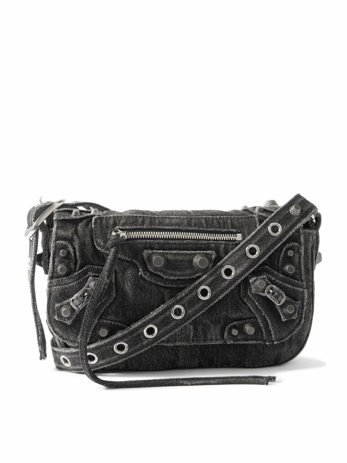 バレンシアガ LE CAGOLE XS FLAP BAG DENIM BLACK WASHED DENIM Balenciaga - Le Cagole XS Studded Washed-Denim Messenger Bag