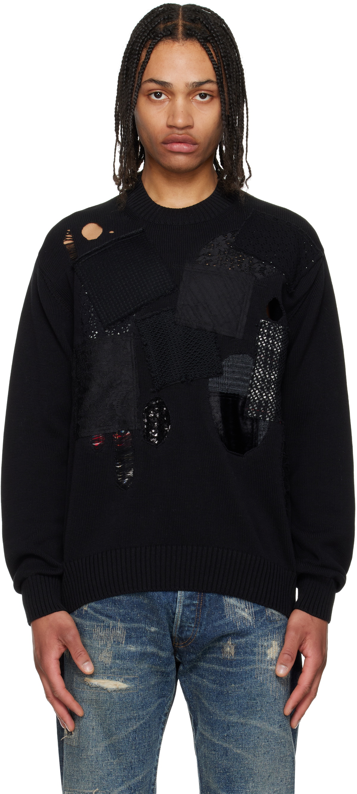 JUNYA WATANABE パッチワークニット Junya Watanabe Black Cotton Jersey Patchwork Knit Sweater Junya