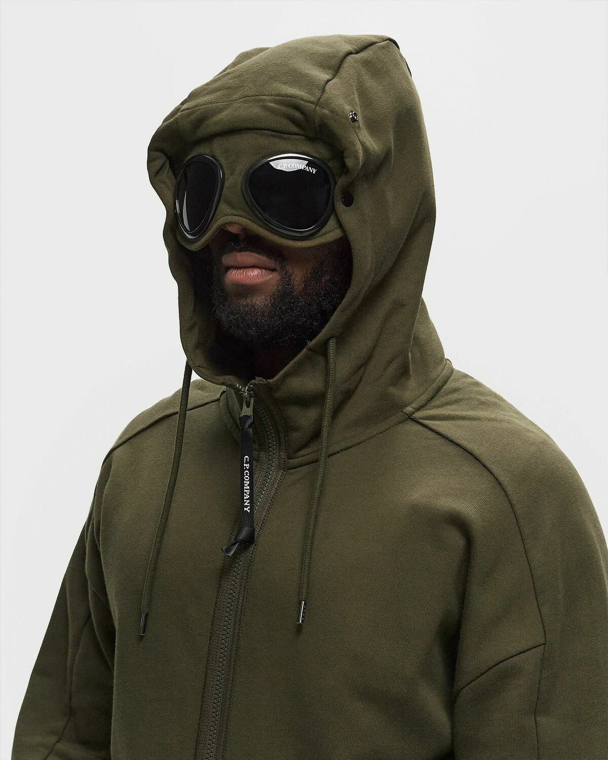 C.P. Company Diagonal Raised Fleece Goggle Zipped Hooded Sweatshirt Green Zippers