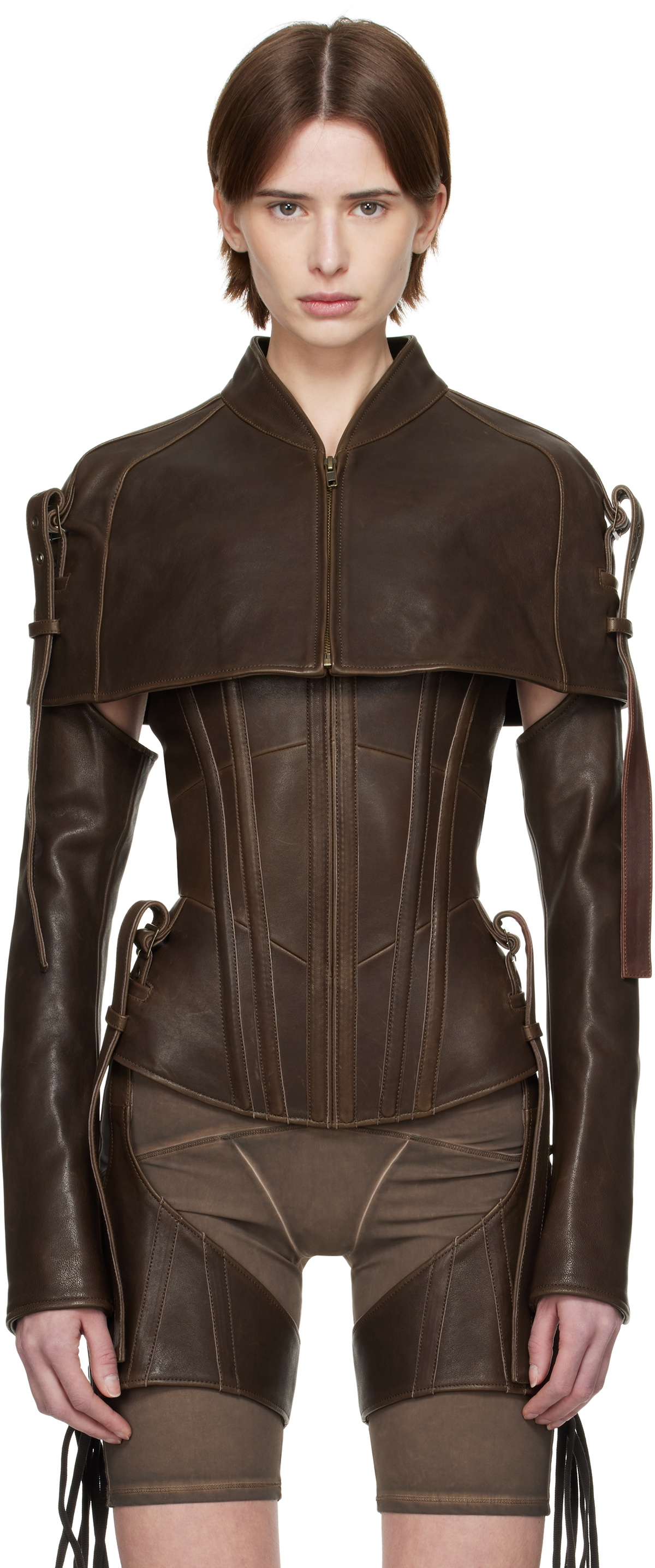 KNWLS Brown Veil Leather Cape Jacket