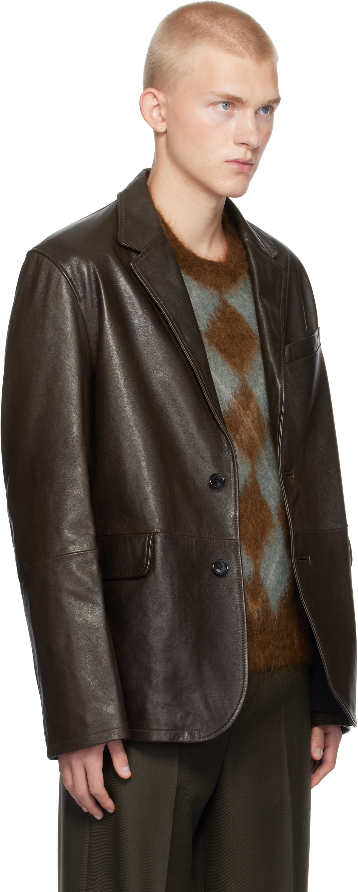 AMI Paris Brown Two Buttons Leather Jacket AMI