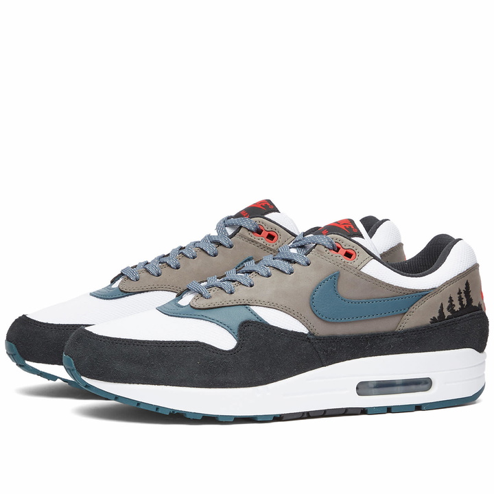 Photo: Nike Men's Air Max 1 Prm QS Sneakers in White/Slate Blue/Black/Soft Grey