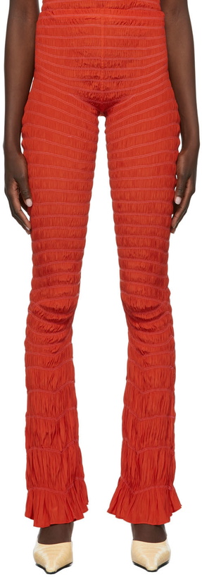 Photo: Gauntlett Cheng SSENSE Exclusive Red Flared Linear Elastic Trousers