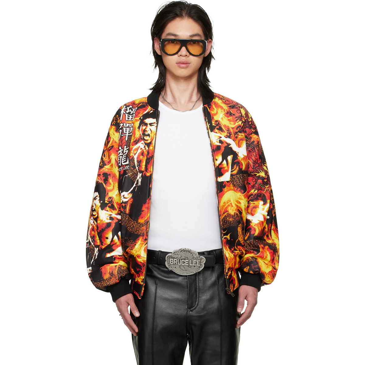 LU'U DAN BRUCE LEE x LỰU ĐẠN Orange & Black 'Bruce Lee' Leather Bomber Jacket